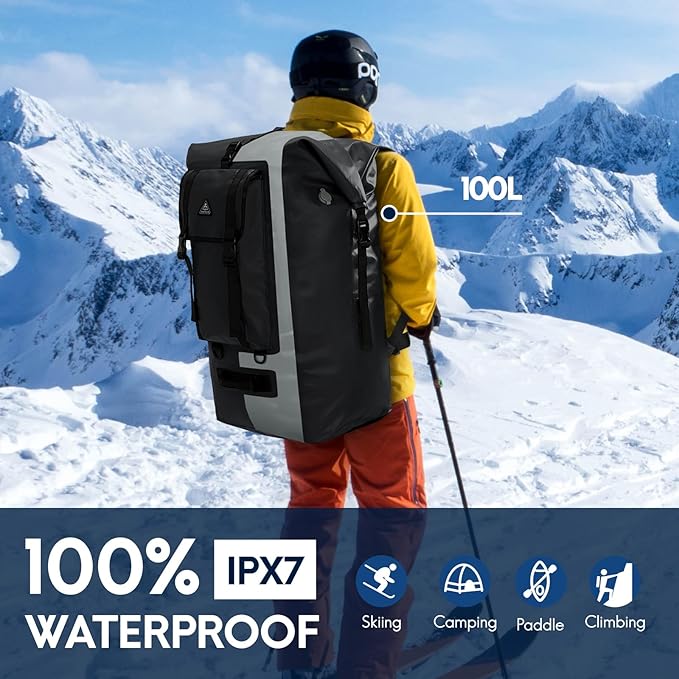 Haimont 100L Waterproof Backpack Large Roll Top Dry Backpacks Marine Dry Bags with Air Valve Travel Surfing Black/Grey