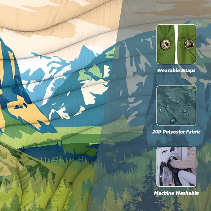 Outdoor Camping Blanket with Sherpa Lining, Extra Warm Thick Camp Blankets and Puffy Ultralight Soft Poncho DWR Camping Quilt for Cold Weather, Adventure, Sleeping, Backpacking 78"x 56"