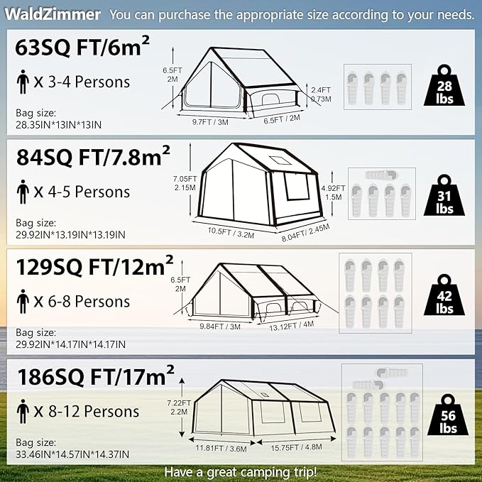 Inflatable Camping Tent with Hand Pump Waterproof Outdoor Blow up Tent 2-8 Person Oxford 4 Season Glamping Air Tent Cabin House with Mesh Windows & Door