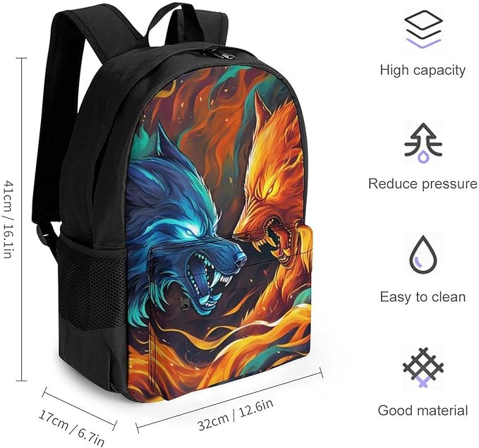 Supdreamc Polyester Daypack Bookbag for Gym Business Bicycle, Large Capacity Multipurpose Anti-Theft Carry On Bag, Ice And Fire Flaming Cool Wolf Art Travel Hiking Daypack