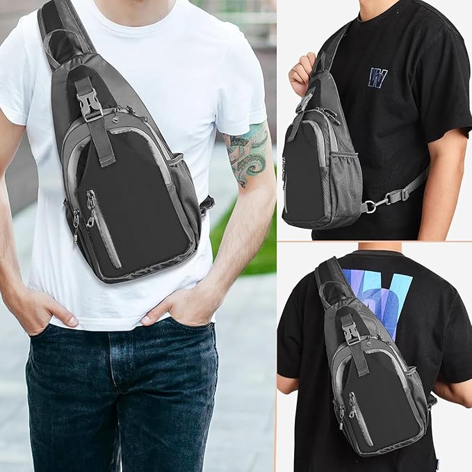 Sling Bag for Mens Crossbody Bag Travel Sling Backpack Hiking Daypack Chest Bag Shoulder Bag, Large Cross Body Bag with Chest Phone Holder Black&Grey