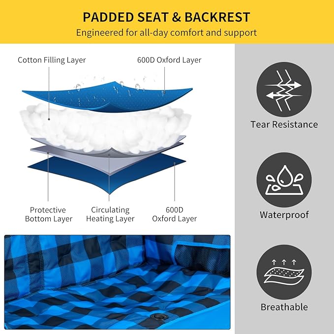 DoCred Heated Double Camping Chair, Folding 2 Person Camping Chairs Loveseat Outdoor Sports,Heated Oversized Lawn Chairs for Adults,Heating Camp Chair with 3 Heat Levels, Battery NOT Included
