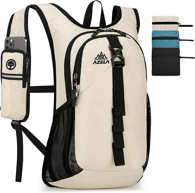 Folding Hiking Backpack with Phone Pocket for Men Women, Small Ultralight Packable Casual Daypack with Shoulder Chest Straps for Travel, 15L Foldable Lightweight Day Pack, Beige