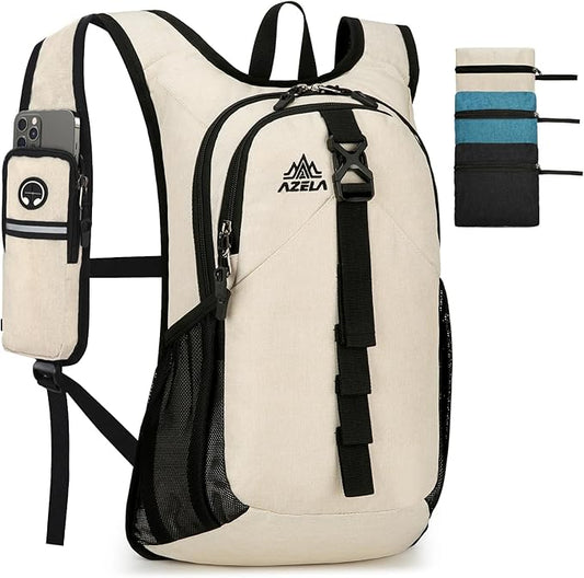 Folding Hiking Backpack with Phone Pocket for Men Women, Small Ultralight Packable Casual Daypack with Shoulder Chest Straps for Travel, 15L Foldable Lightweight Day Pack, Beige