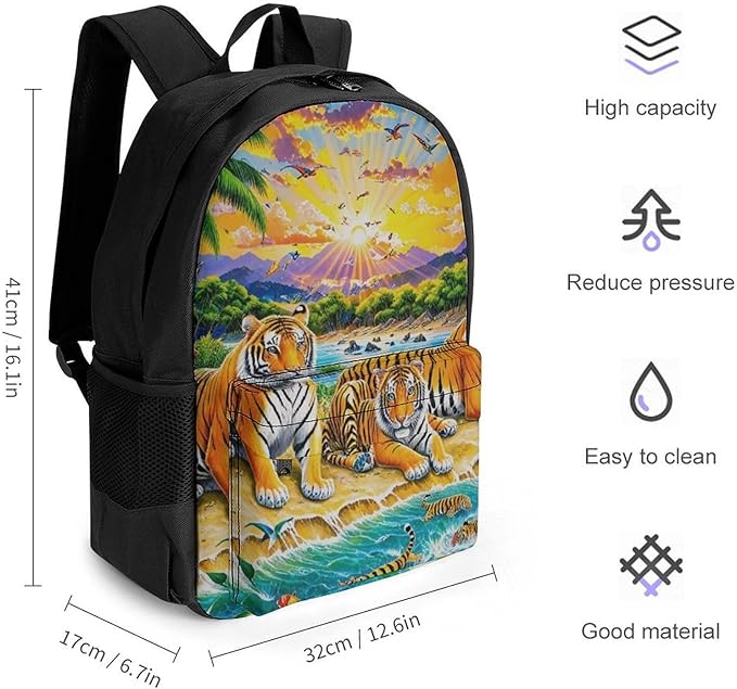 Daypack Backpack Polyester Multipurpose Anti-Theft King Of The Tiger Tropical Rainforest Landscape Jungle Parrot Birds Shoulder Bag Big Capacity Gym Outdoor Hiking Backpack With Smooth Zippers