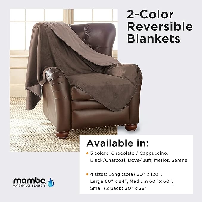 Mambe Silky Waterproof Throw for Protecting Furniture Bed Couch from Stains Caused by Dogs, Cats, Incontinence. Soft, Washable, Reversible. (Size Medium 70x70 inches, Color Chocolate/Cappuccino)
