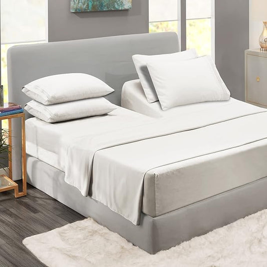 Clara Clark Flex Top King Sheets, 6 Piece Set - Hotel Luxury Sheets for Top Split King Bed, Super Soft Bedding Set, Head Split King White