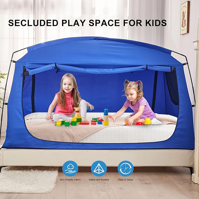 Privacy Sleep Indoor Bed Tent for Adults Kids, Portable Blackout 90% Canopy Tents with 3 Doors Breathable Mesh Windows