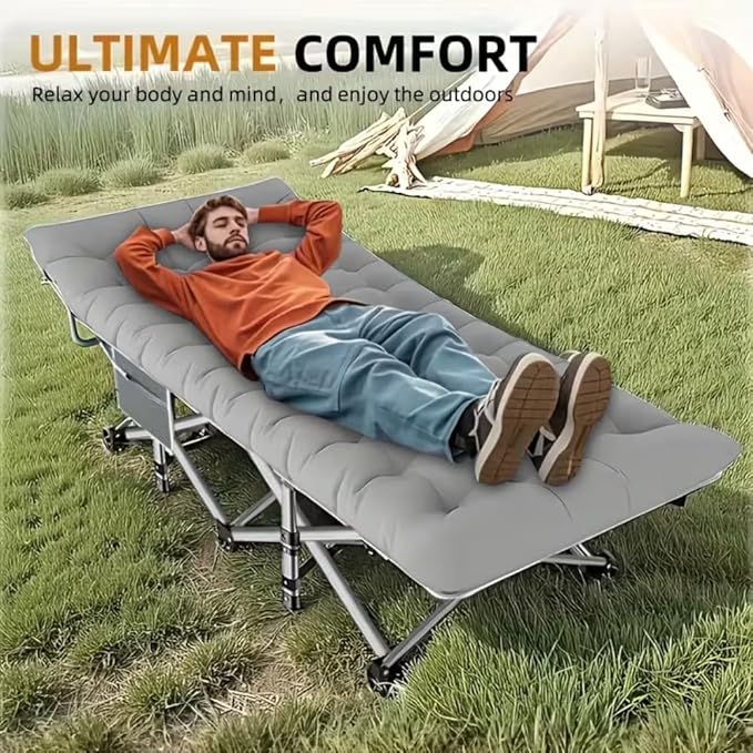 600LBS, Extra-Large Folding Outdoor Camping Bed with Mattress, Portable Folding Guest Bed, Heavy-Duty Sleeping bedwith Storage Bag, Suitable for Travel and Leisure (Grey 600lbs)