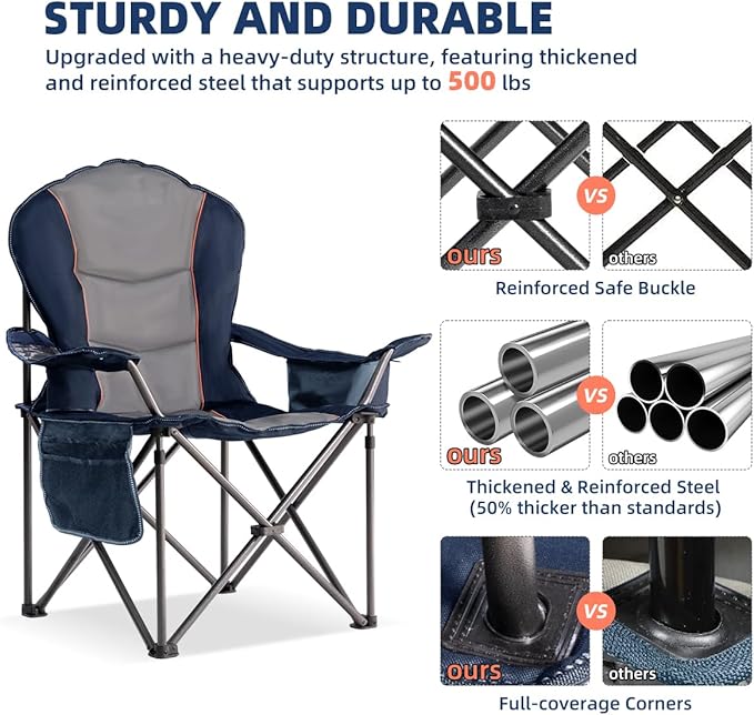 Camping Chair Oversized Folding Outdoor Camping Chair with Cooler Bag, Cup Holder & Waterproof Phone Case, Portable for Hiking/Beach,500LB (Blue & Light Gray)