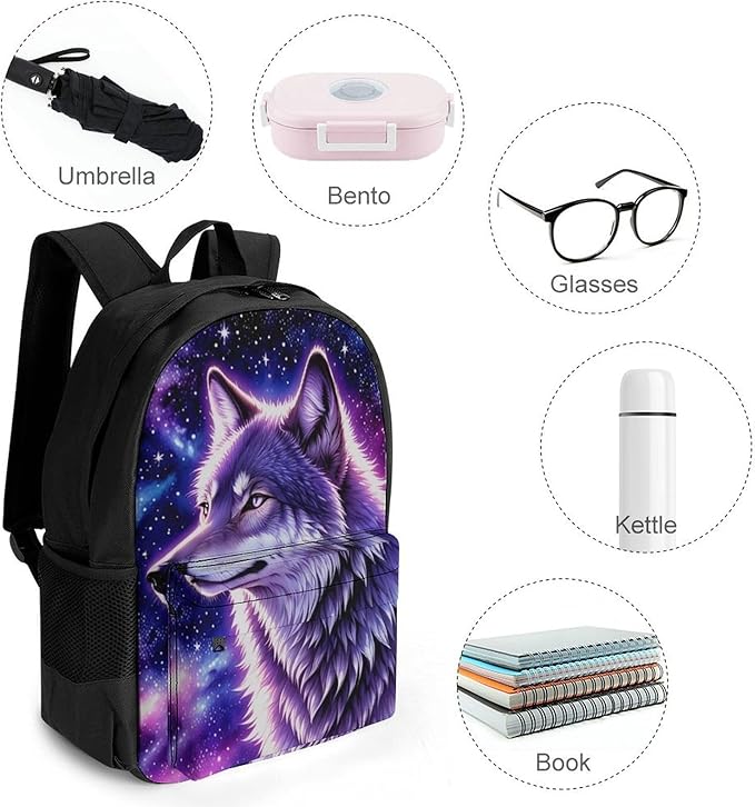 Men Women Lightweight Blue Universe Galaxy Magic Wolf In The Space Backpack Large Capacity Bookbag With Smooth Zippers for Gym Business Running