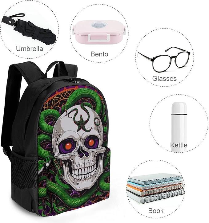 Men Women Polyester Medusa Skull Green Snake Art Daypack Big Capacity Shoulder Bag With Smooth Zippers for Hiking Work Walking Cycling