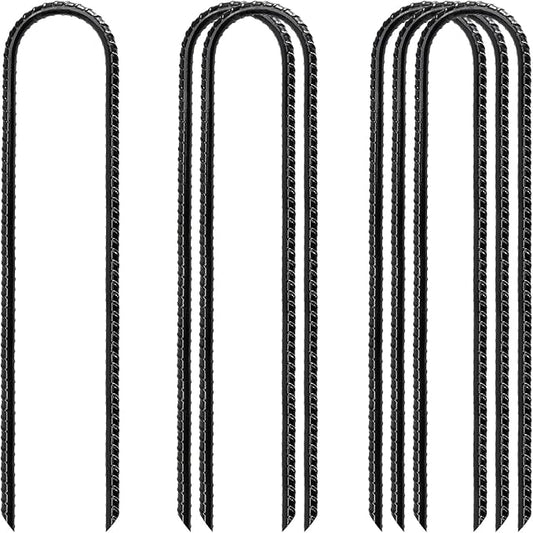 Rebar Stakes 12 Inch Heavy Duty Ground Anchors (Pack of 6 Black), U Shaped Ground Stakes Galvanized Steel, Trampoline Tie Down Anchor, Heavy Duty Stakes for High Wind
