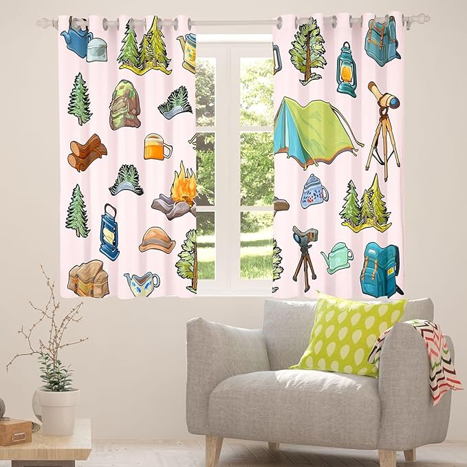 Feelyou Pink Camper Theme Curtains for Bedroom Living Room Happy Camping Blackout Darkening Drapes Adventure Camper Window Treatments, 2 Panels 42 x 63 Inch Room Decor