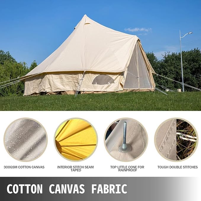 GeRRiT 4-12 Person Camping Tent 3-6m Waterproof Cotton Canvas Bell Tent Outdoor 4 Seasons Family Party Picnic Yurt Tent W/Stove Hole, 16.4ft 5m 8~10People, Beige