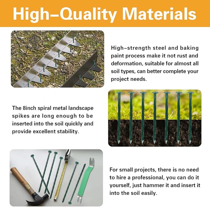 Bakulyor 100 Pack Metal Landscape Stakes, 8 Inch Artificial Grass Nails, 6 Gauge Large Landscaping Staples, Green Edging Anchor Stake for Garden Ground Lawn Paver Timber Border Weed Barrier Spikes 8"