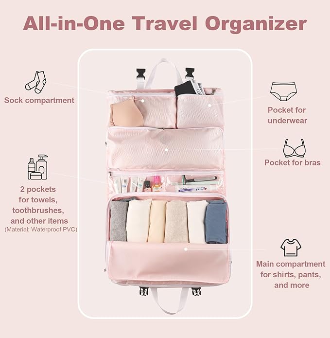 TABITORA Travel Clothes Organizer Portable Hanging Compression Packing Cubes Camp Organizer Travel Cases Suitcase Storage Large Capacity Carry On Closet (Pink)