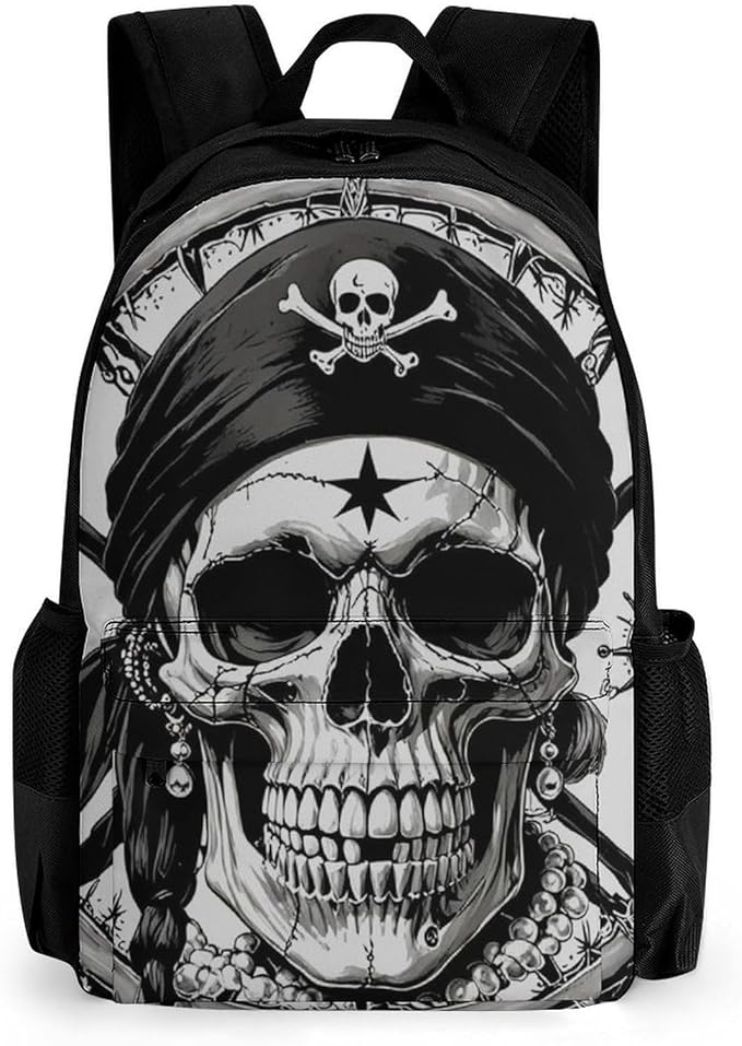 Women Men Polyester 3D Pirate Skull Casual Daypack Large Capacity Bookbag With Side Pockets for Sports Picnic Walking Cycling