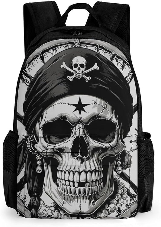 Women Men Polyester 3D Pirate Skull Casual Daypack Large Capacity Bookbag With Side Pockets for Sports Picnic Walking Cycling