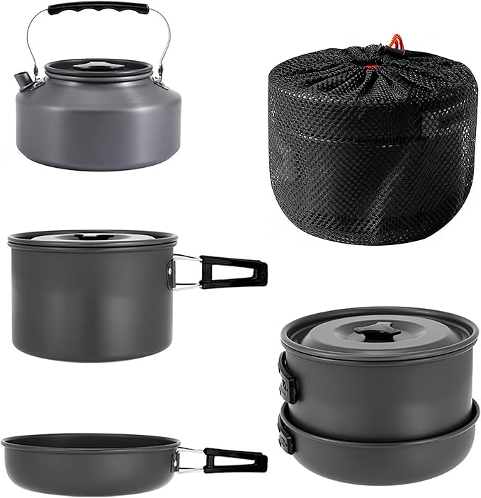 aiGear 3pcs Camping Cookware Mess Kit, Non-Stick Camping Pan Pot Kettle, Lightweight Aluminum, Collapsible Portable Camping Cooking Set for Outdoor Cooking Hiking Picnic