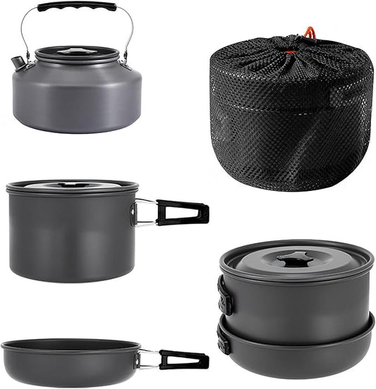 aiGear 3pcs Camping Cookware Mess Kit, Non-Stick Camping Pan Pot Kettle, Lightweight Aluminum, Collapsible Portable Camping Cooking Set for Outdoor Cooking Hiking Picnic