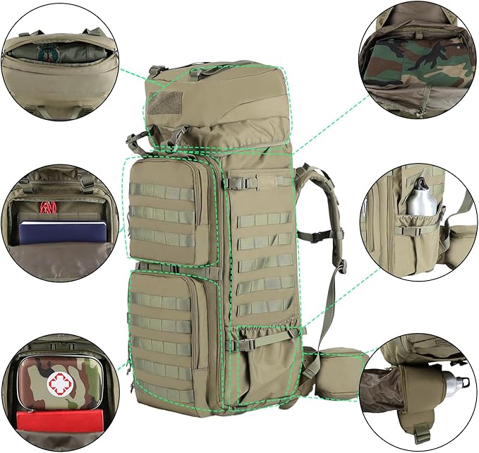 Zsearaymy 75L Hiking MOLLE Backpack with Internal Frame & Rain Cover for Tactical, Camping, Backpacking, Survival Travel (OD.Green)