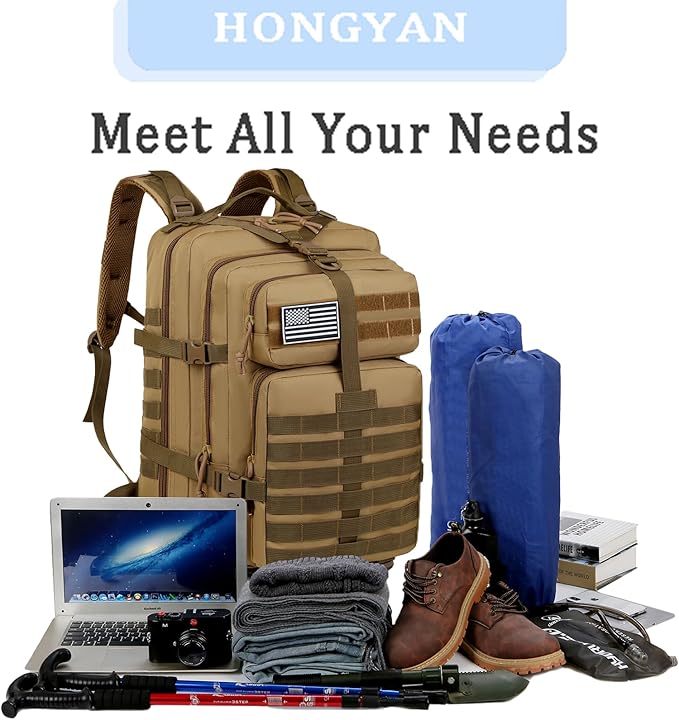 Military Tactical Backpack for Men, 45L Large 3 Day Assault Pack MOLLE Bag, Waterproof Rucksack for Outdoor Hiking, Camping, Trekking & Survival, Includes American Flag Patch - Tactical Green