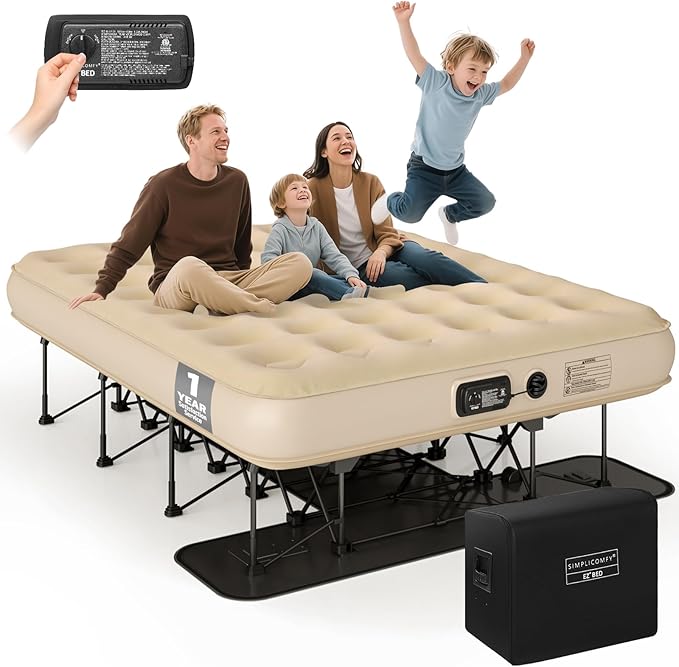Simpli Comfy Queen EZ Bed Self-Inflating Air Mattress with Built-in Frame, Pump and Wheeled Case, Blow Up Inflatable Rolling Air Bed on Wheels
