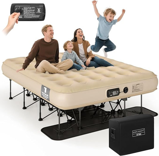 Simpli Comfy Queen EZ Bed Self-Inflating Air Mattress with Built-in Frame, Pump and Wheeled Case, Blow Up Inflatable Rolling Air Bed on Wheels