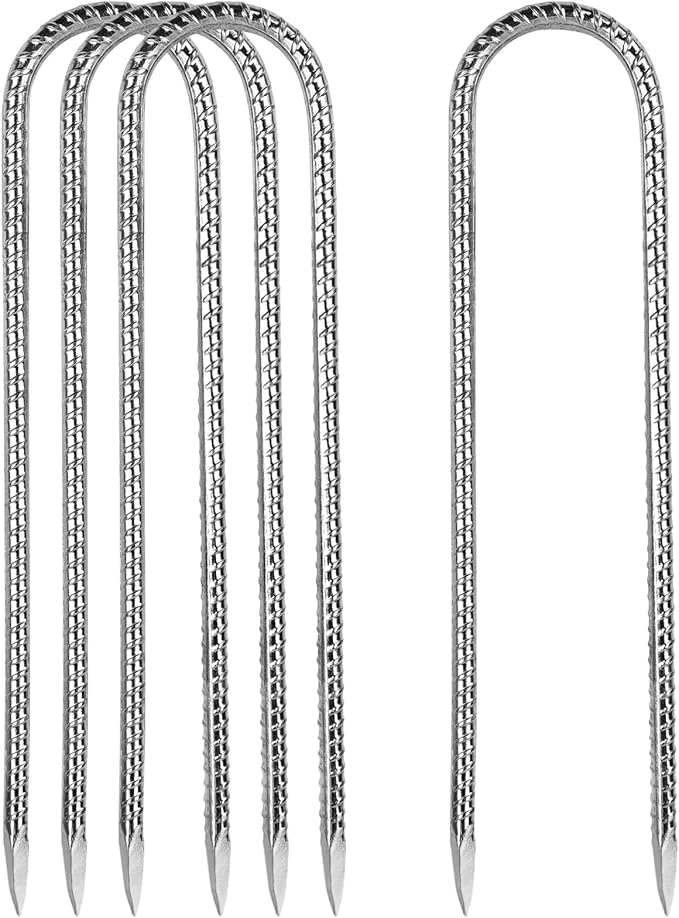 Rebar Stakes, Heavy Duty Metal J Hook Garden Ground Stakes for Camping Tent Canopy (U Shape-Silver, U-12"x0.3"-4pcs)