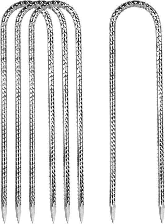 Rebar Stakes, Heavy Duty Metal J Hook Garden Ground Stakes for Camping Tent Canopy (U Shape-Silver, U-12"x0.3"-4pcs)