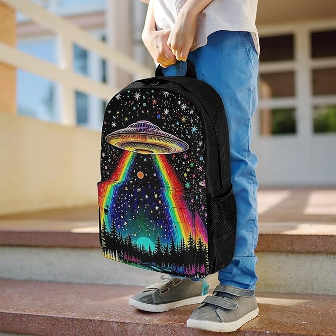 Supdreamc Men Women Polyester Trippy Space Ufo Boat Art Daypack Backpack Large Capacity Carry On Bag With Smooth Zippers for Hiking Picnic Walking Cycling