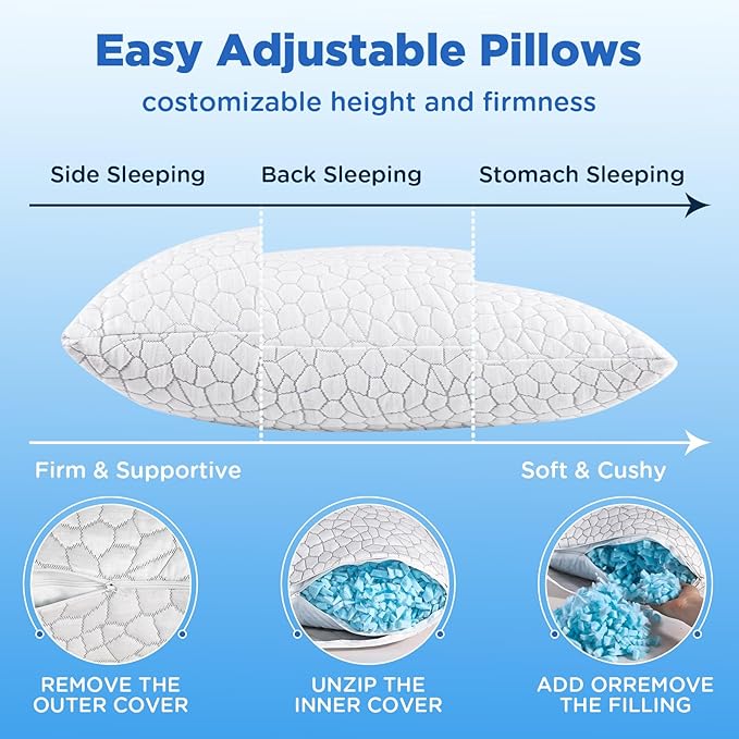 Cooling Pillows King Size Set of 2 Pack Shredded Memory Foam Pillows for Sleeping, Adjustable Cool Bed Pillow for Side Back Stomach Sleepers, Luxury Gel Neck Pillow for Neck and Shoulder Pain Relief