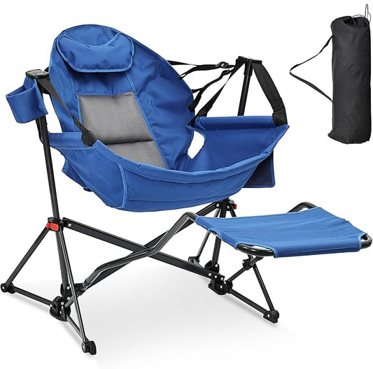 Ainfox Hammock Camping Chair with Footrest, Foldable Portable Rocking Chairs for Adults Outside Swinging Camp with Cup Holder Pillow for Outdoor Patio Poolside (Blue)