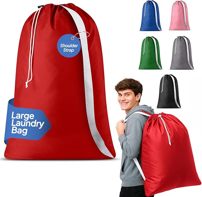 Handy Laundry Bag Shoulder Strap - Drawstring Locking Closure, Durable Nylon Material, Large Capacity, Heavy Duty Stitching - Perfect for Laundromat or College Dorm (Red, 30" x 40")