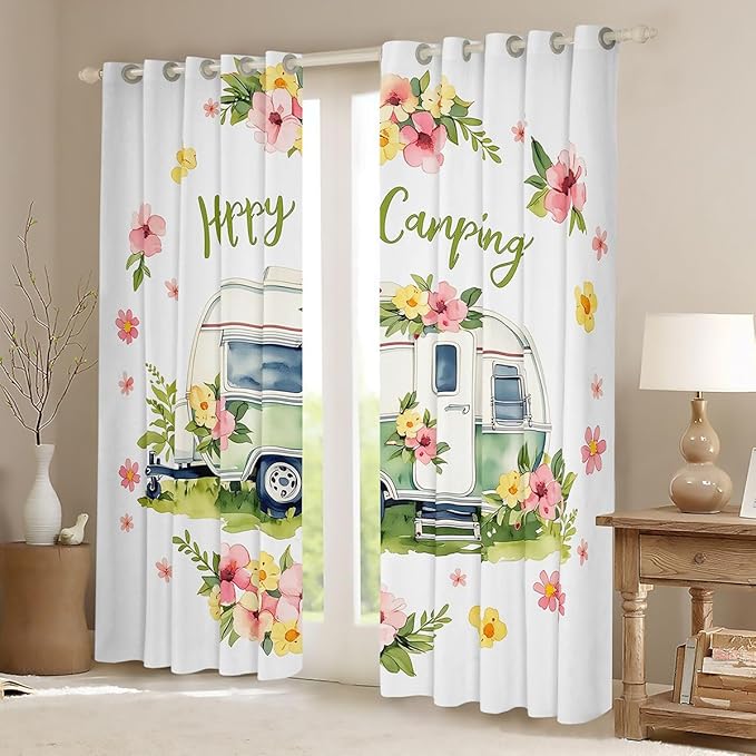 Erosebridal Happy Camping Camper Window Curtains 52" Wx63 L Flowers Rv Trailer Blackout Curtains for Bedroom Living Room,Outdoor Adventure Window Treatments Romantic Floral Drapes Decor 2 Panels