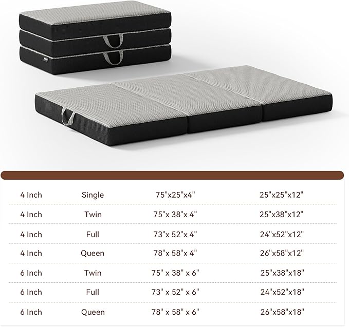 Memory Foam Trifold Mattress, Full Portable Floor Bed 6 Inch, Foldable Mat with Washable Cover, Handle & Non-Slip Bottom, for RV, Travel, Camping, Yoga, 73"x52"x6", Grey