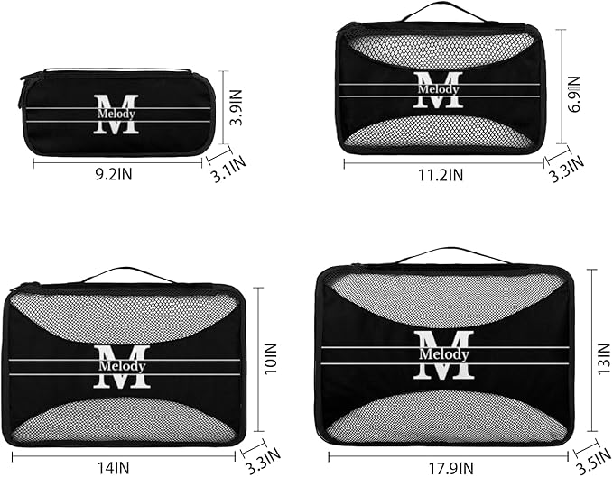 Personalized Packing Cubes, Set of 4 with Zipper Handles for Men Boys, Custom Name Travel Suitcases Luggage Packing Organizers, Solid Black with Initial Letter