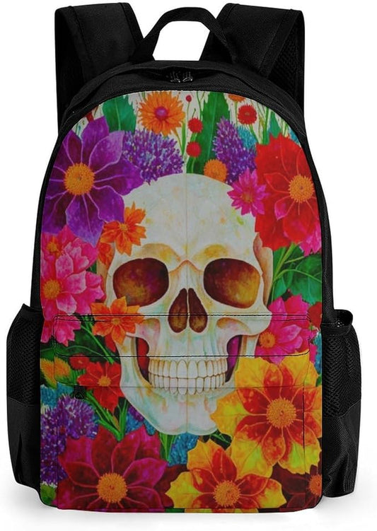 Rucksack Polyester Anti-Theft Multipurpose Colorful Sugar Skull Floral Bookbag Big Capacity Travel and Sport Backpack Rucksack With Side Pockets