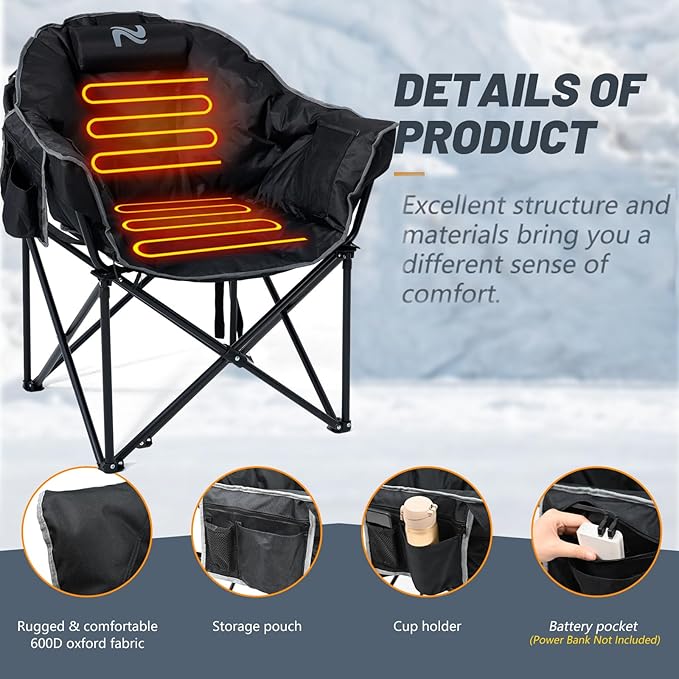 LILYPELLE Oversized Heated Camping Chair, Patio Lounge Chairs with 3 Heat Levels, Portable Folding Heated Chair Round Moon Saucer Folding Lawn Chair Outdoor Chair for Camping, Lounge Patio