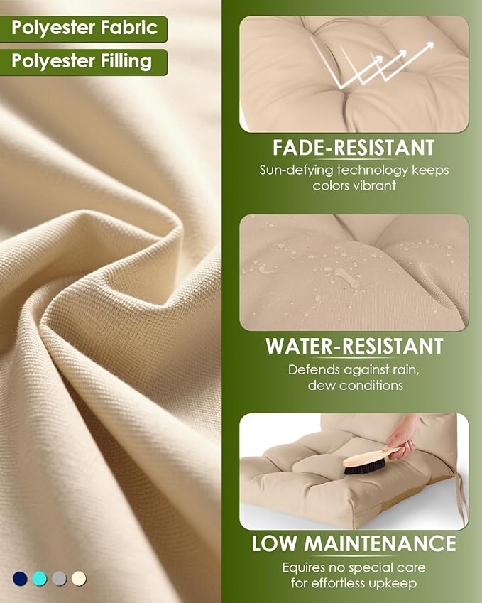 GREENVINES Rocking Chair Cushions Set of 4 | Polyester | Waterproof | Outdoor High Back Rocker Chairs Cushion | Seat with Ties | Non-Slip | Thickened Pad for Patio | 46.5" x 18.5" x 4.3" | Beige