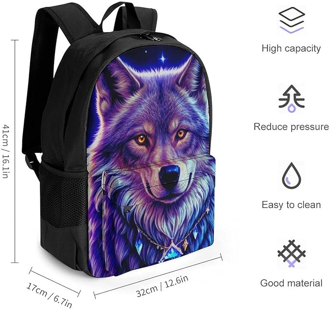 Men Women Lightweight Blue Universe Galaxy Magic Wolf In The Space Casual Daypack Large Capacity Bookbag With Adjustable Shoulder Straps for Gym Business Bicycle