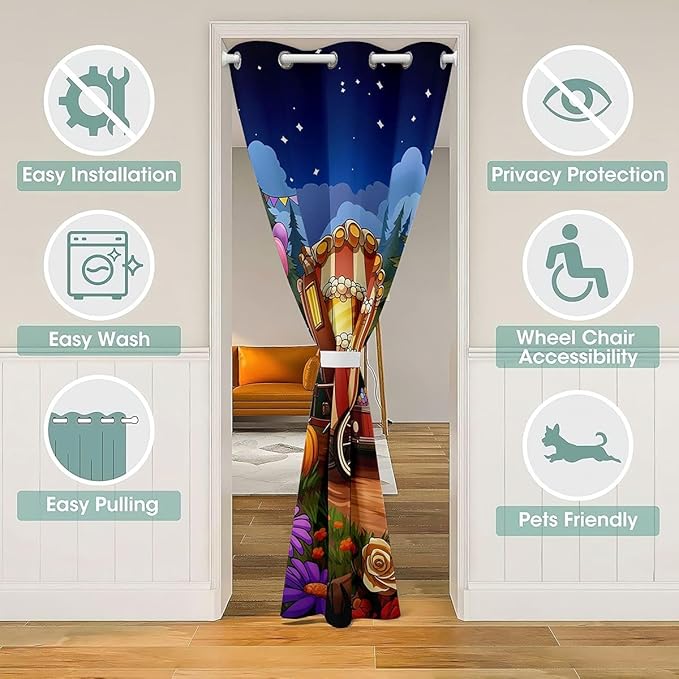 Galaxy Camper Door Curtain For Doorway Privacy for Kids Girls - Cute Floral Pumpkin Tent Blackout Curtain Dreamy Happy Camping Door Drape Fairy Tale Camping Aesthetic Window Treatment 34"W x 80"L
