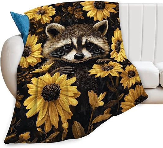 Raccoon Blanket Cute Raccoon Lover Floral Animal Throw Blankets Gifts for Girls Boys Kids Soft Cozy Fleece Plush for Couch Sofa Bed 60"x50"