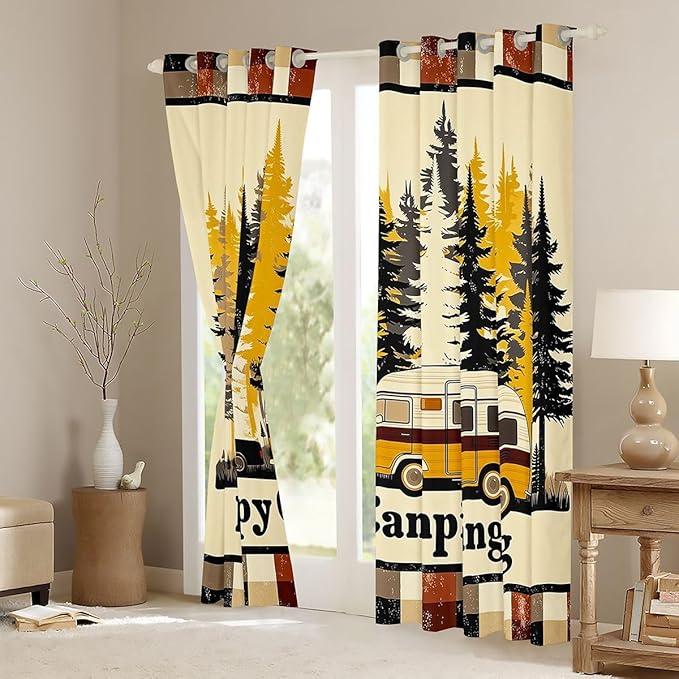 jejeloiu Happy Camping Curtains for Bedroom Living Room RV Camping 30%-50% Blackout Darkening Drapes Pine Tree Window Treatments, 2 Panels 52 x 63 Inch Rustic Plaid Room Decor