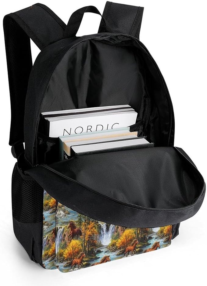 Men Women Lightweight Fall Leaves Running River Waters Wild Horse Backpack Large Capacity Carry On Bag With Padded Straps for Sports Work Walking Cycling