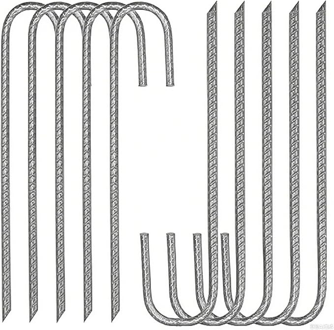 Heavy Duty Ground Stakes, 16 Inch J Hook Stakes, 10 Pack, 5/16 Inch Diameter, Carbon Steel Tent Stakes for Chain Link Fence, Trampoline, Lawn Decorations (J-Shape-Silvery, J-16 * 3/8"-10PCS)