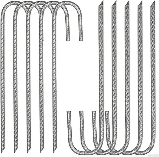 Heavy Duty Ground Stakes, 16 Inch J Hook Stakes, 10 Pack, 5/16 Inch Diameter, Carbon Steel Tent Stakes for Chain Link Fence, Trampoline, Lawn Decorations (J-Shape-Silvery, J-16 * 3/8"-10PCS)