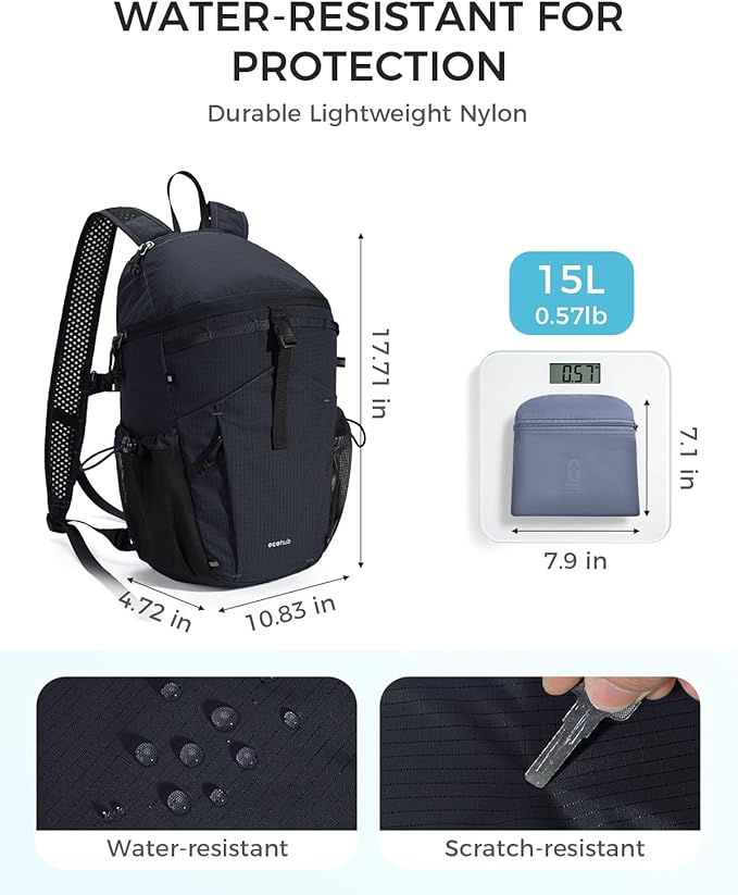 ECOHUB 15L Ultra-Lightweight Packable Backpack, Casual Daypack for Daily Use, Small Hiking & Travel, Foldable Backpack, Water-Resistant Nylon, Reflective Design