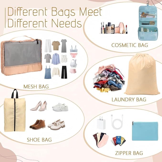 9 Pcs Packing Cubes Set for Travel with Waterproof Clothing Cubes Toiletry Shoe Laundry Jewelry Bag for Women Men (Light Khaki)